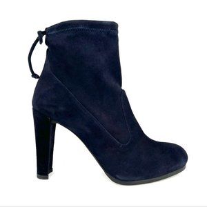 Stuart Weitzman Glove Navy Blue Suede Leather Tie Heel Ankle Boots Size 8.5 NWT